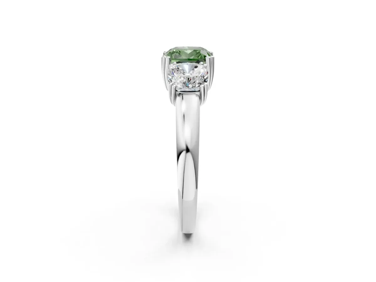 Fancy Green Three-Stone Cushion Cut Cut Diamond Ring with Channel Set Band and Four-Prong Setting Silver
