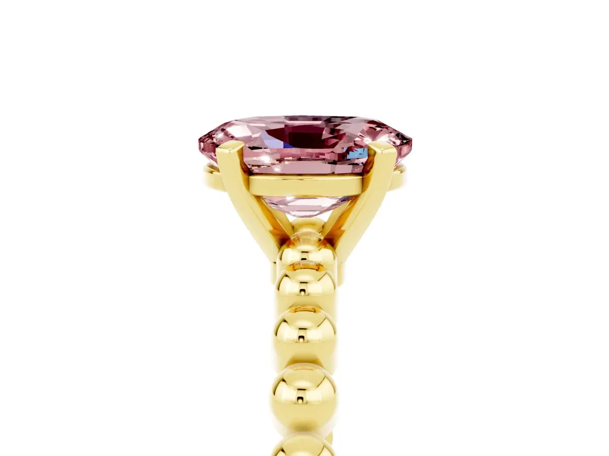 Oval Cut Morganite Solitaire Ring with Beaded Band and Prong Setting Yellow gold