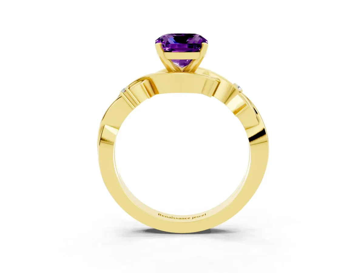 Cushion Cut Amethyst Solitaire Ring with Twisted Band and Prong Setting Yellow gold