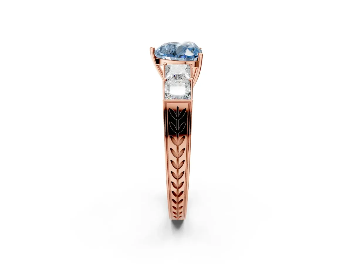 Fancy Blue Heart Cut Solitaire Princess Side Stone Engraved Band Prong Setting Ring Rose gold
