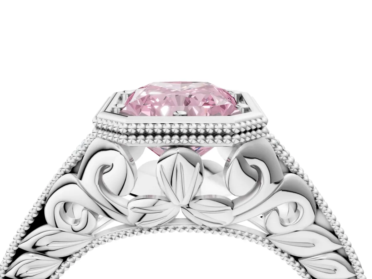 Fancy Pink Bezel Set Radiant Cut Diamond Milgrain Pave Engagement Ring Platinum