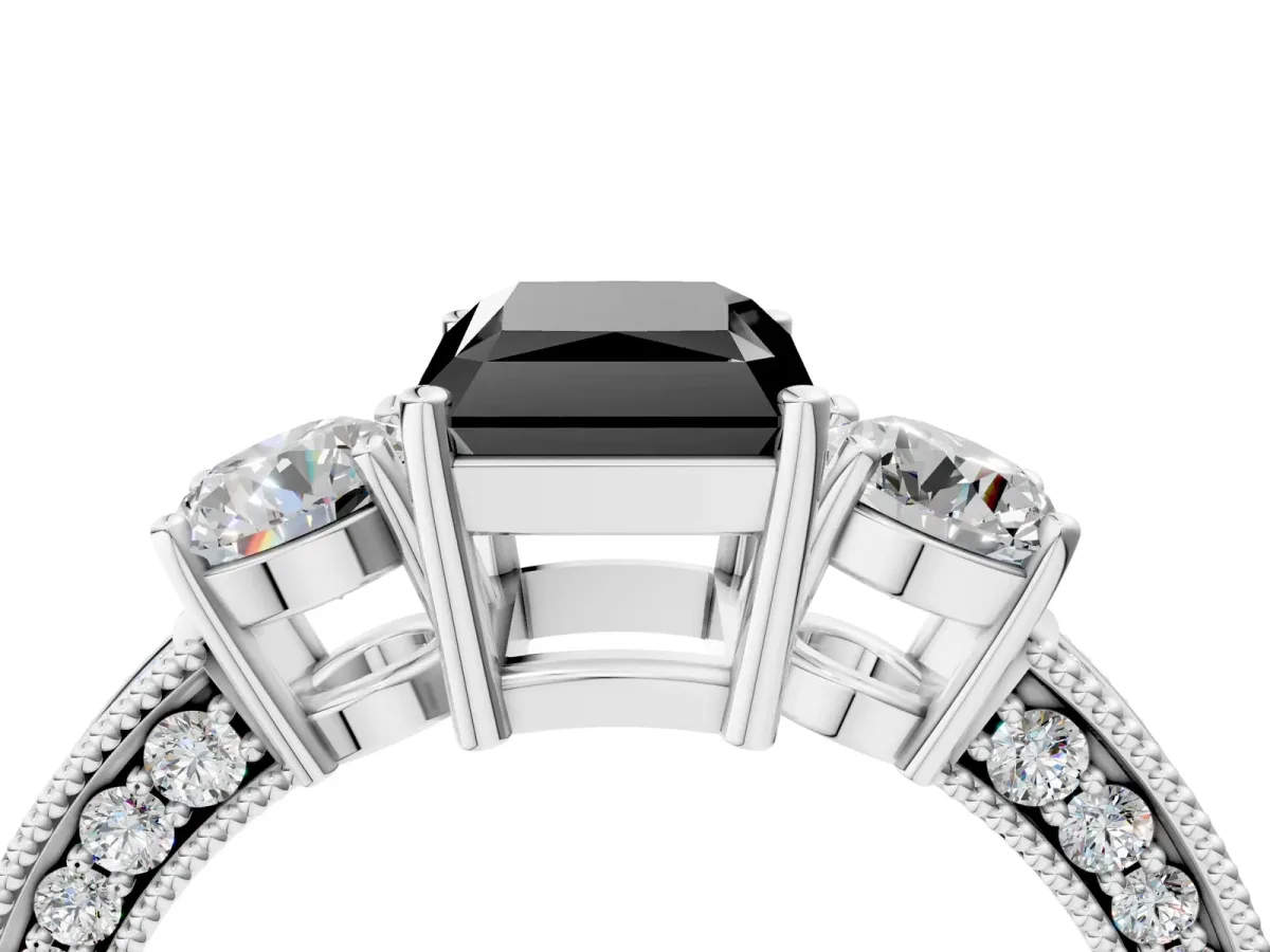 Fancy Black Radiant Cut Three-Stone Diamond Ring with Pavé Band and Four-Prong Setting Platinum