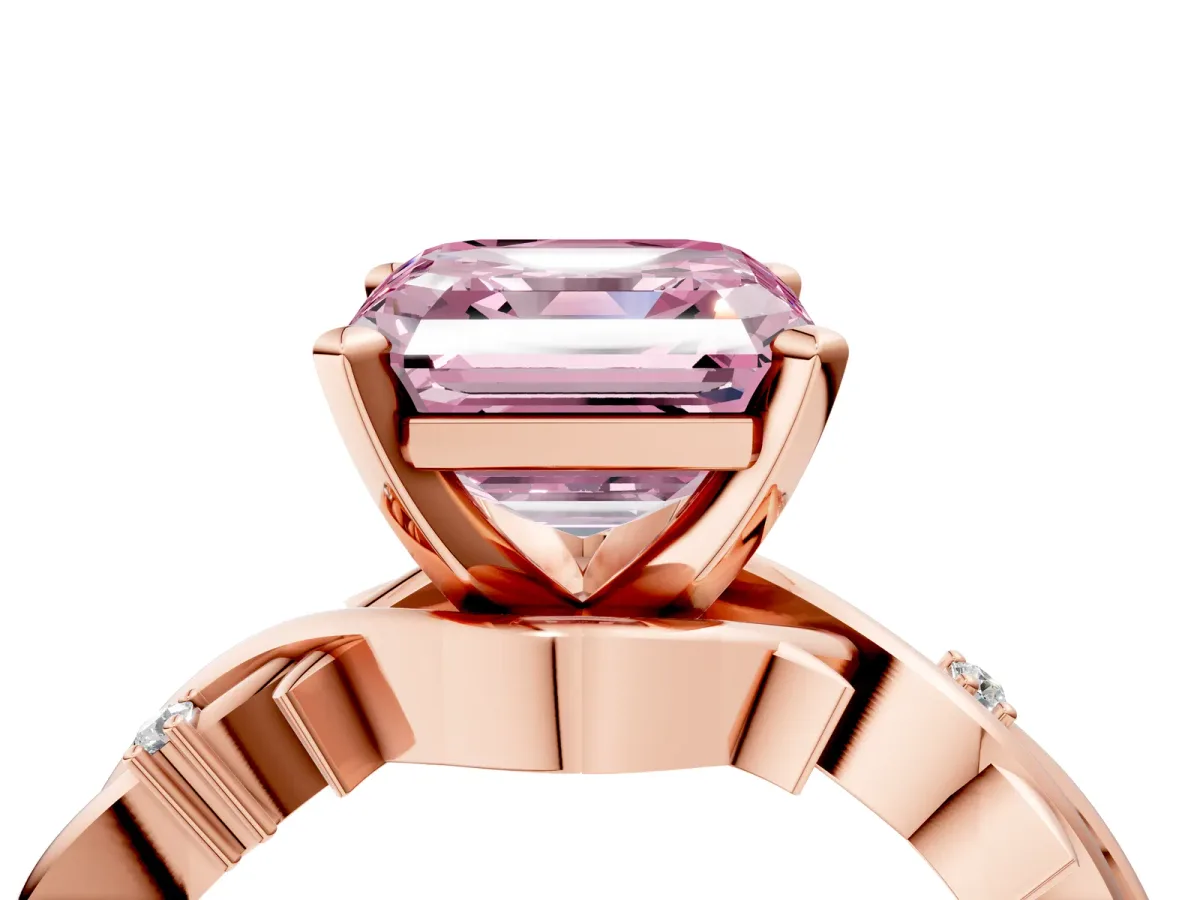 Fancy Pink Asscher Cut Diamond Solitaire Ring with Twisted Band and Prong Setting Rose gold