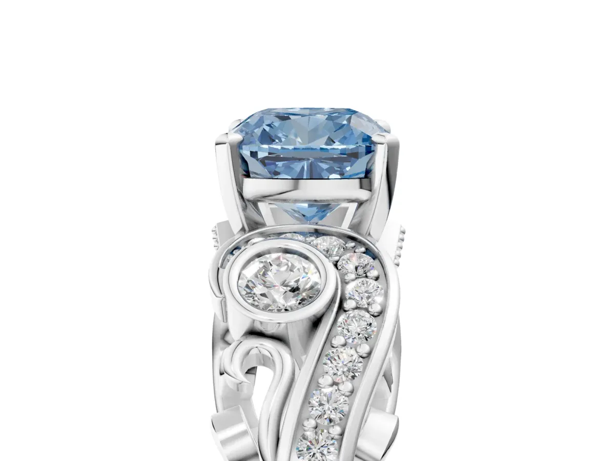 Fancy Blue Cushion Cut Diamond Solitaire Ring with Milgrain Pavé Band and Four-Prong Setting Silver