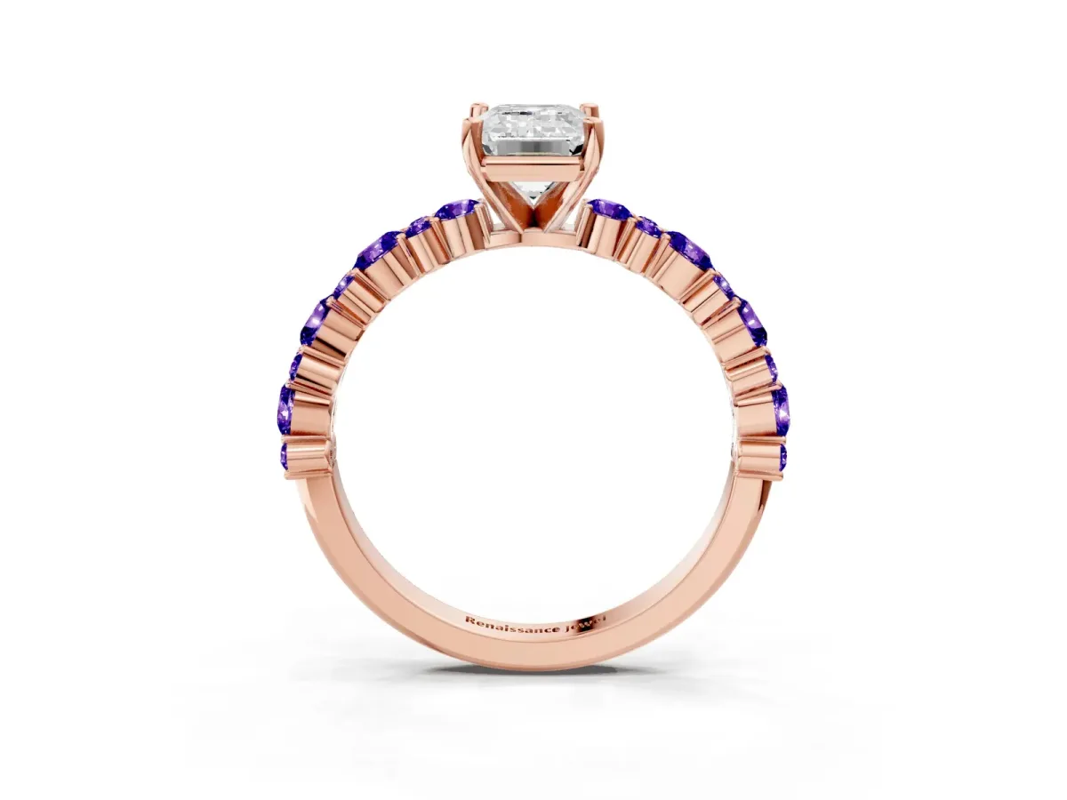 Emerald Cut Diamond Side Stone Solitaire Ring with Round Tanzanite and Four-Prong Setting Rose gold