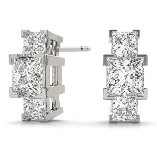 Three-Stone Princess Cut Channel Set Earrings with Bar Prong Setting Silver