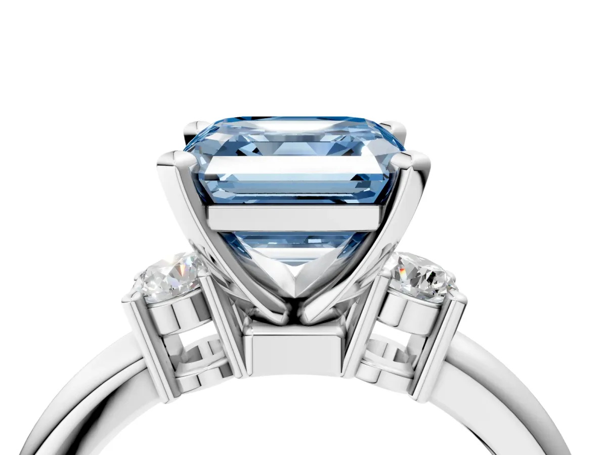 Fancy Blue Three-Stone Asscher Cut Cut Diamond Solitaire with Prong Setting and Classic Band Platinum