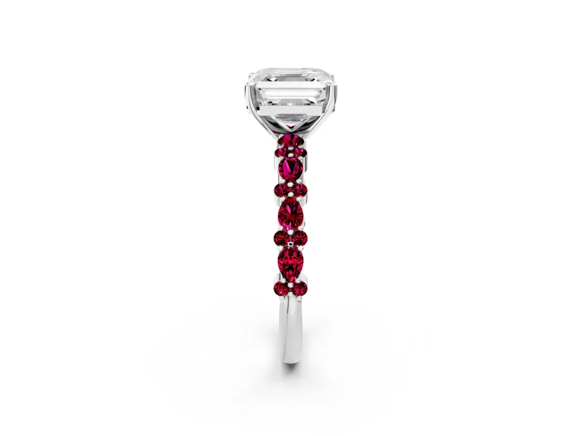 Asscher Cut Diamond Side Stone Solitaire Ring with Round Garnet and Four-Prong Setting Platinum