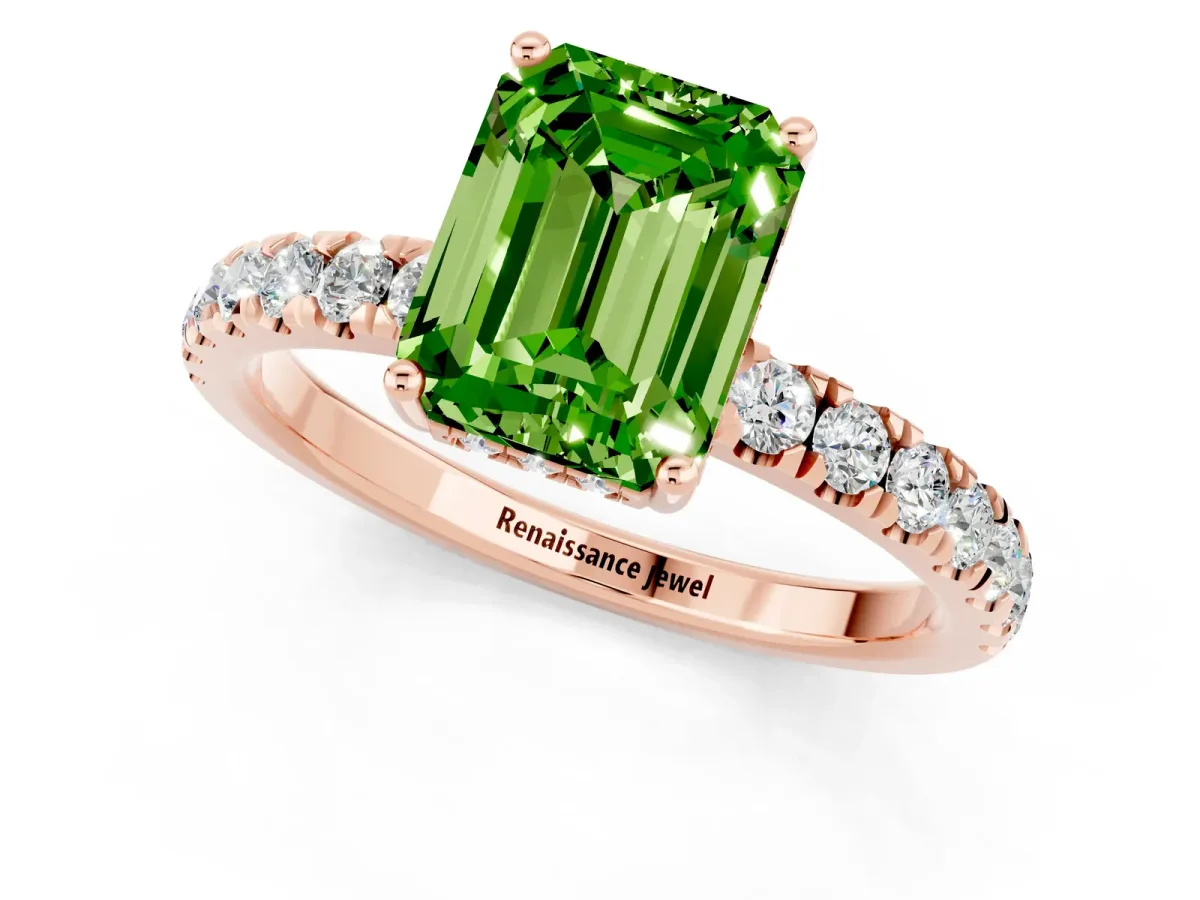 Emerald Cut Peridot Pave Band Solitaire Ring with Round and Prong Setting Rose gold
