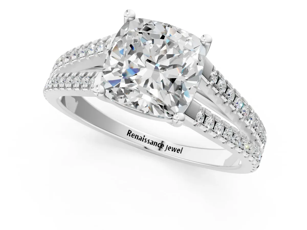 Cushion Cut Diamond Solitaire Engagement Ring with Split Shank Pavé Band Silver