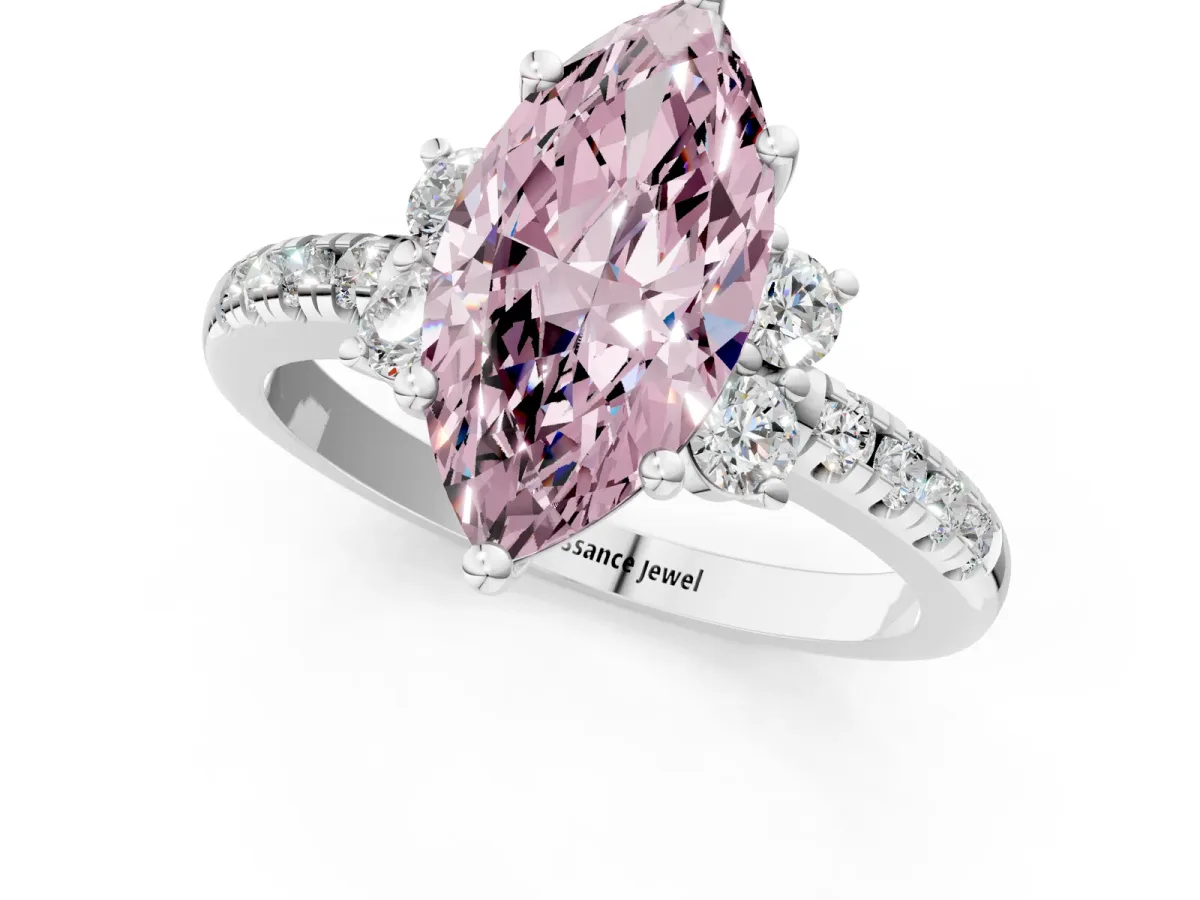 Fancy Pink Marquise Cut Diamond Three-Stone Pave Band with Four-Prong Setting Silver