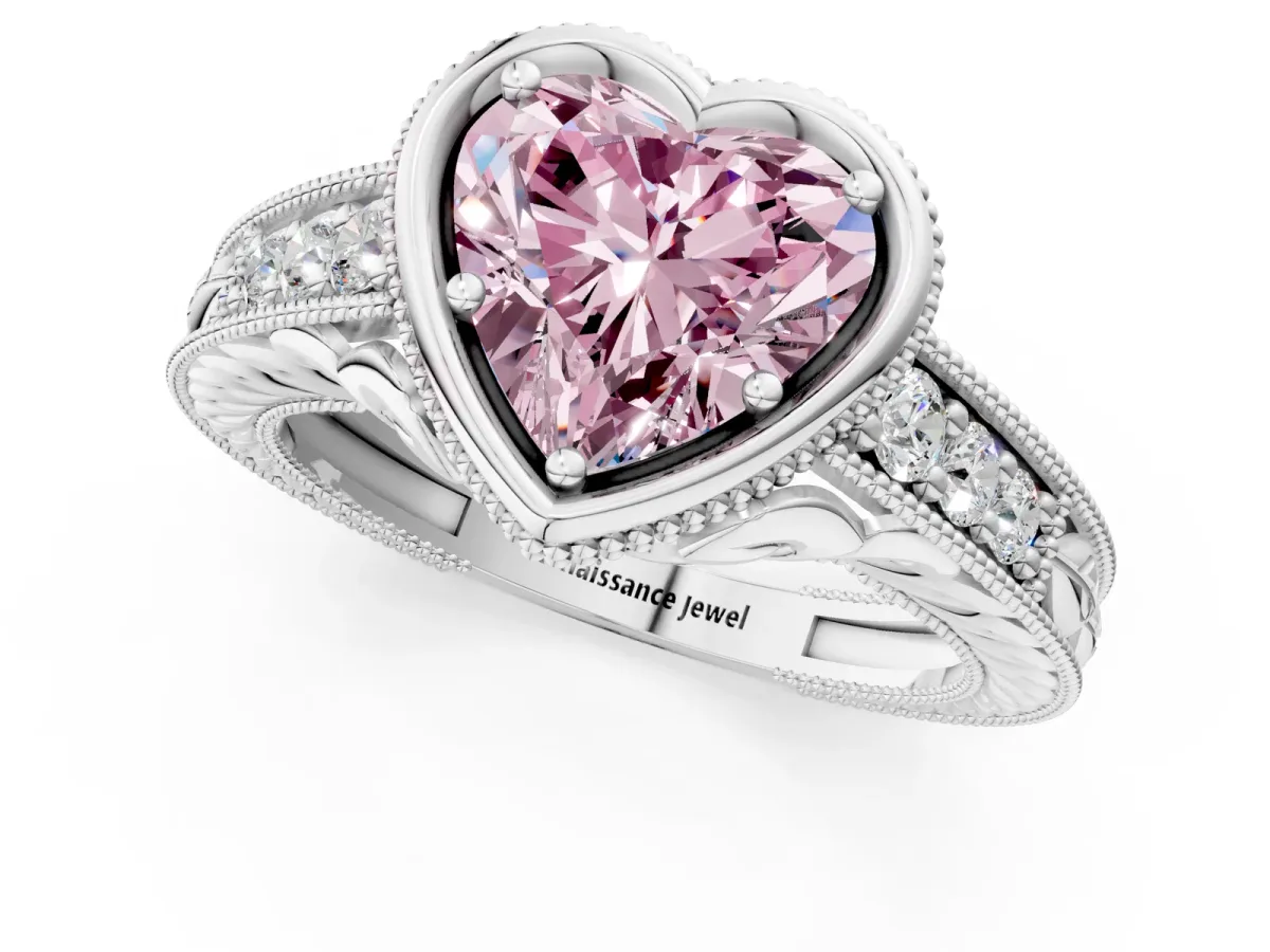 Fancy Pink Bezel Set Heart Cut Diamond Milgrain Pave Engagement Ring Platinum