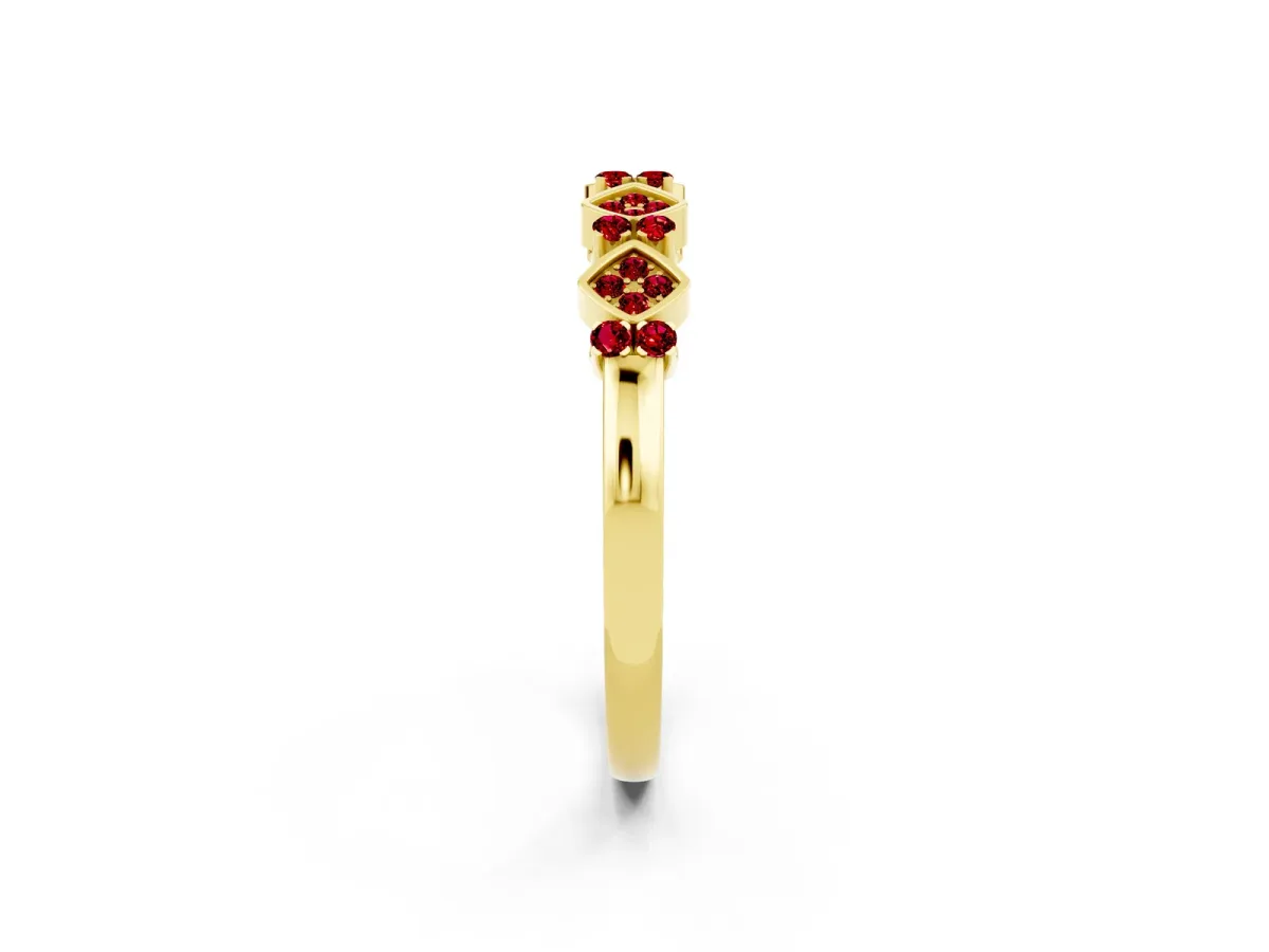 Pavé Cushion Ruby Cluster Eternity Band with Prong Setting Yellow gold