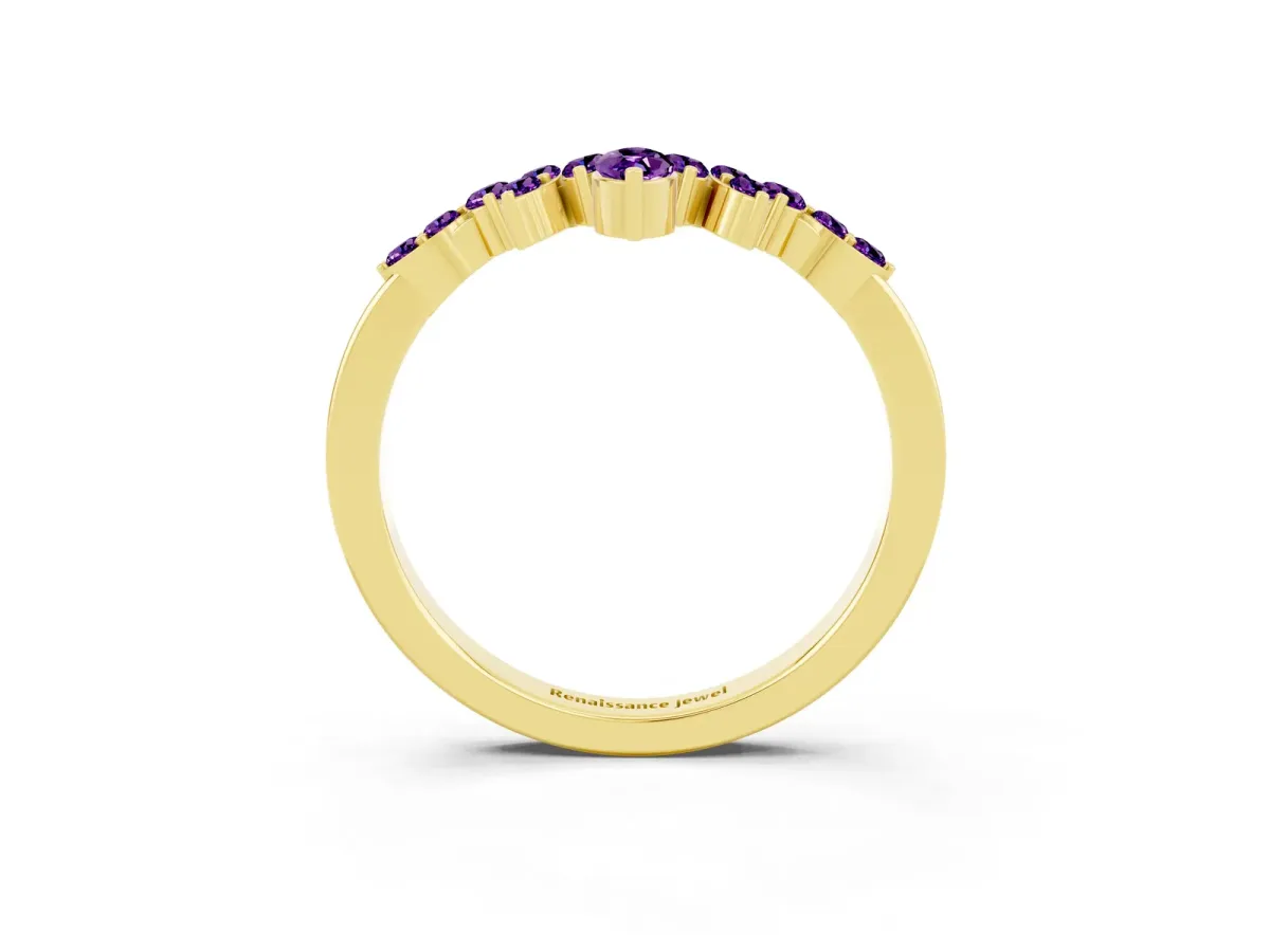 Marquise and Round Amethyst Chevron Band with Prong Setting Yellow gold
