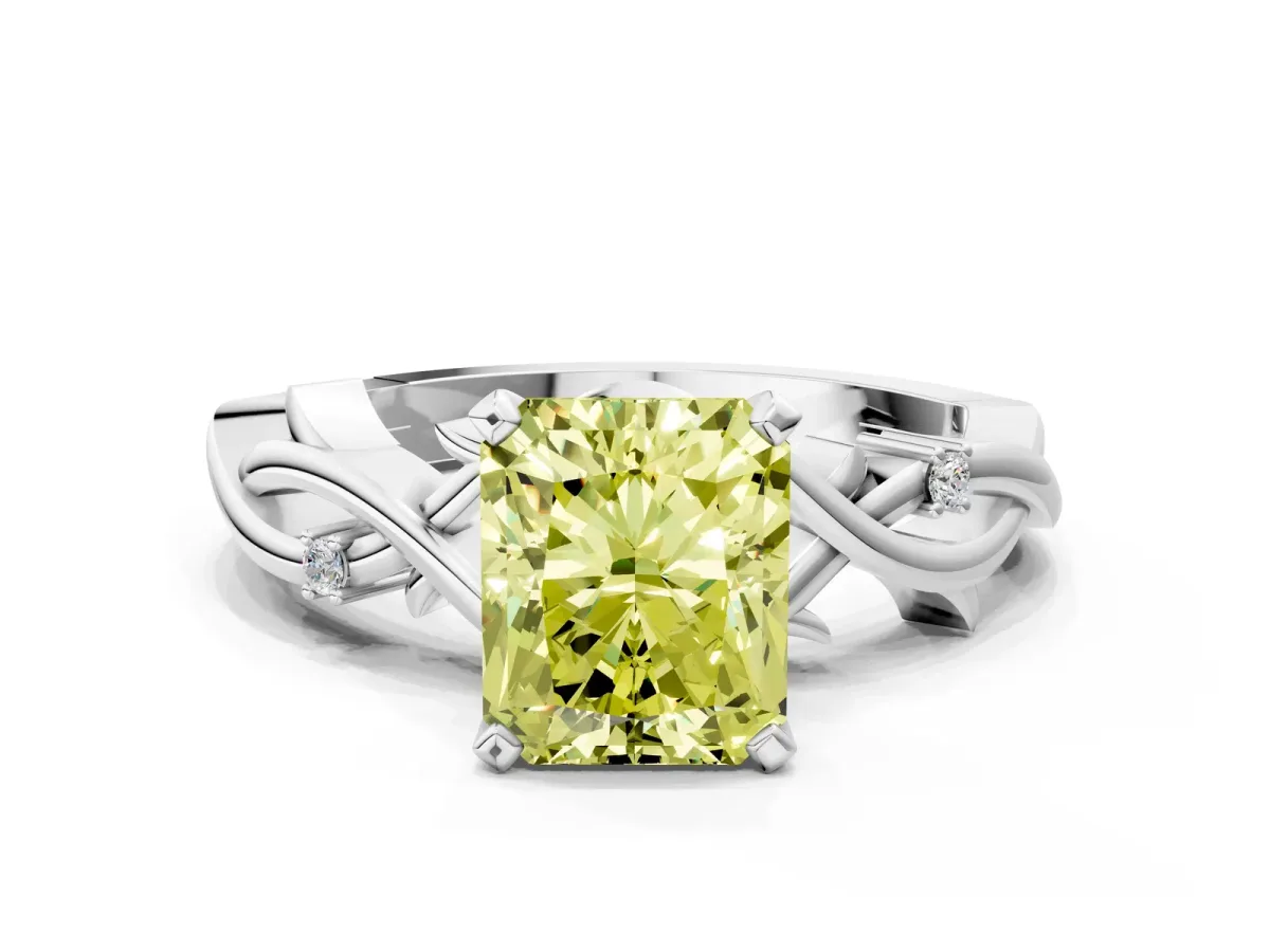 Fancy Yellow Radiant Cut Diamond Solitaire Ring with Twisted Band and Prong Setting Silver