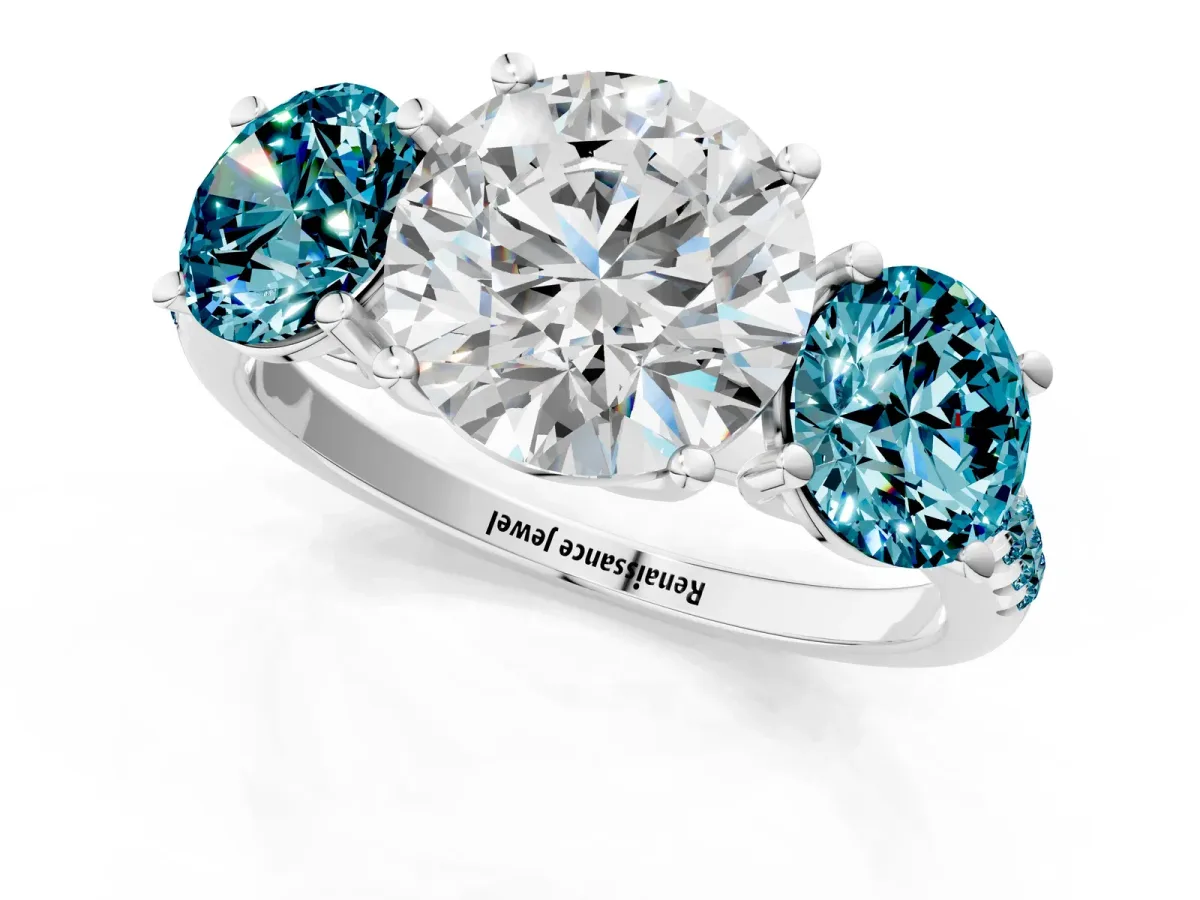 Three-Stone Round Cut Diamond Ring with Round Blue Topaz Pavé Band and Prong Setting Silver