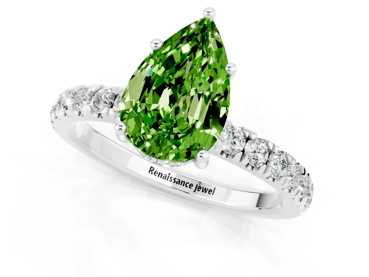 Pear Cut Peridot Pave Band Solitaire Ring with Round and Prong Setting White gold