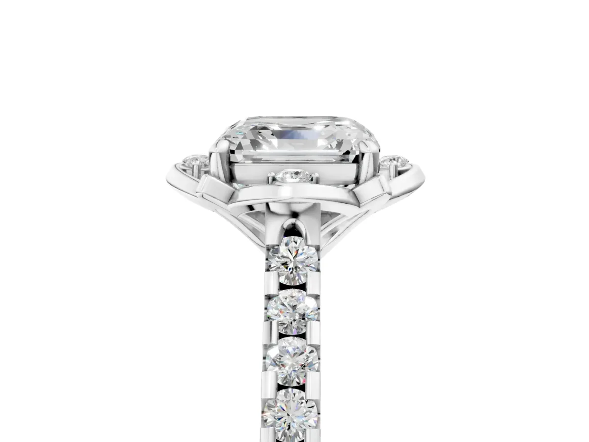 Asscher Cut Diamond Ring with Pavé Band and Floral Prong Setting Platinum