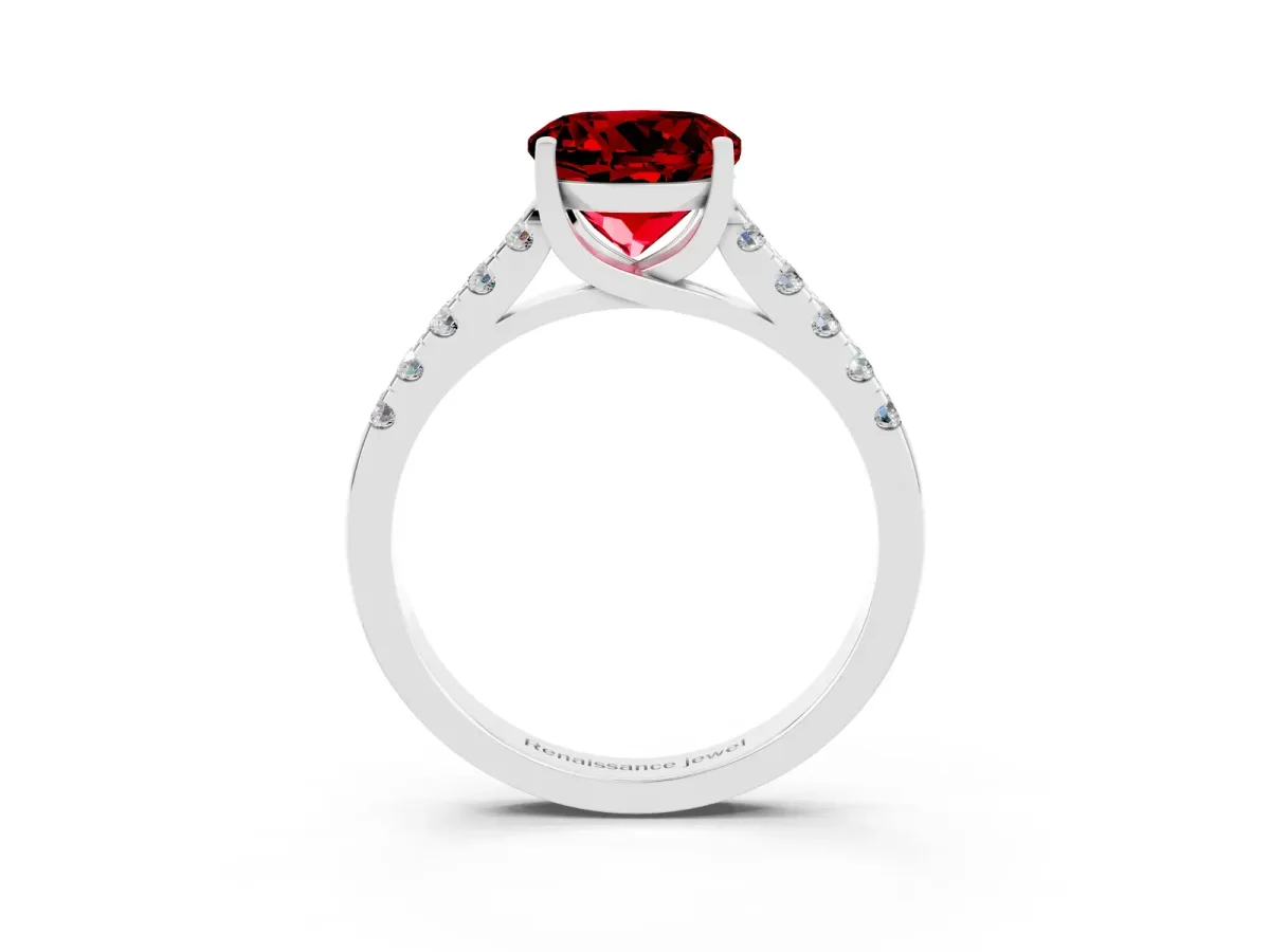 Round Cut Ruby Pavé Band Solitaire Ring with Prong Setting White gold