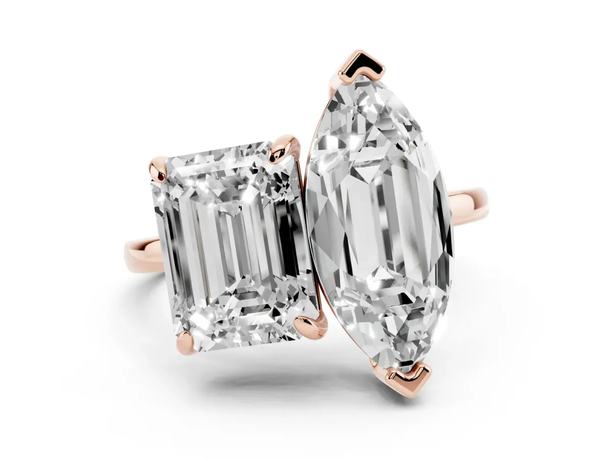 Emerald and Marquise Toi Moi Ring with Prong Setting and Plain Band Rose gold