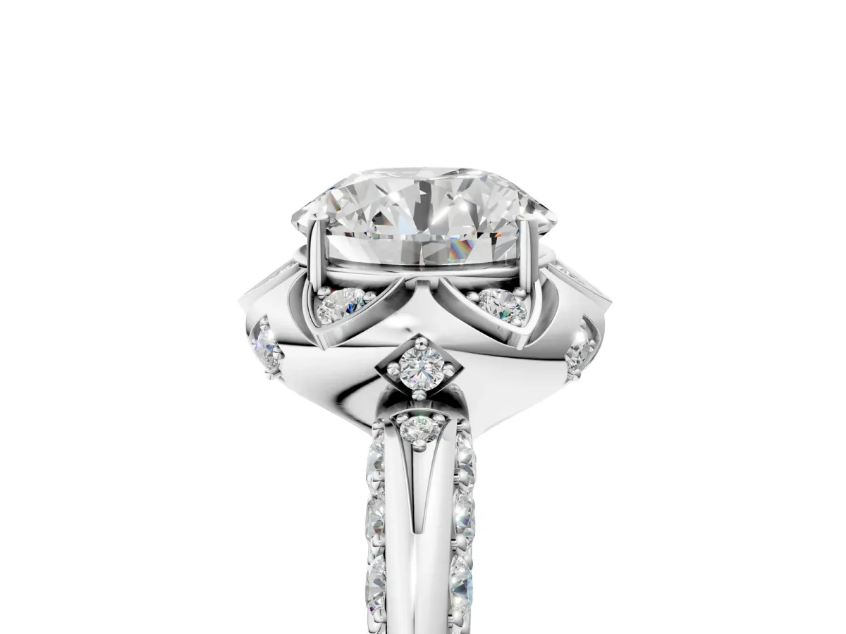 Round Cut Halo Split Shank Pave Diamond Ring with Petal Prong Setting Platinum