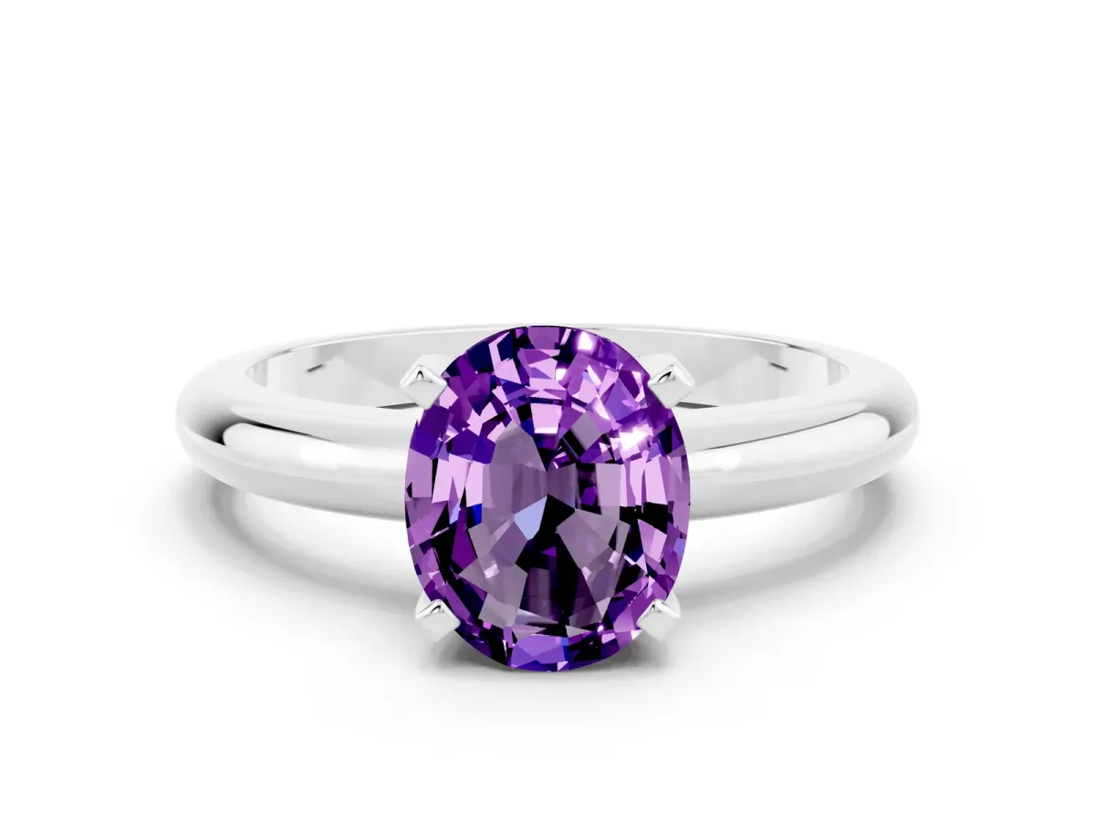 Oval Cut Amethyst Solitaire Engagement Ring with Round Band and Four-Prong Setting Silver
