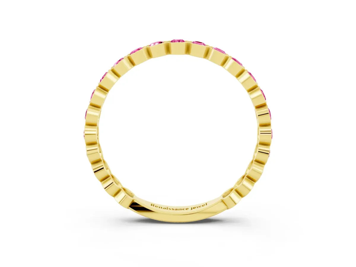 Round Pink Sapphire Bezel Set Eternity Band Yellow gold