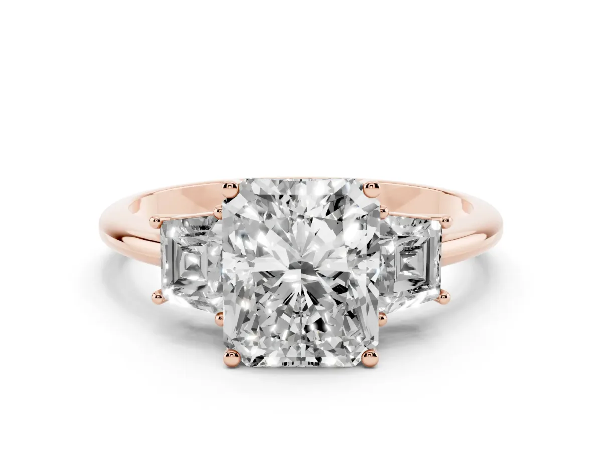 Radiant Cut Diamond Three-Stone Ring with Trapezoid Side Stones and Prong Setting Rose gold