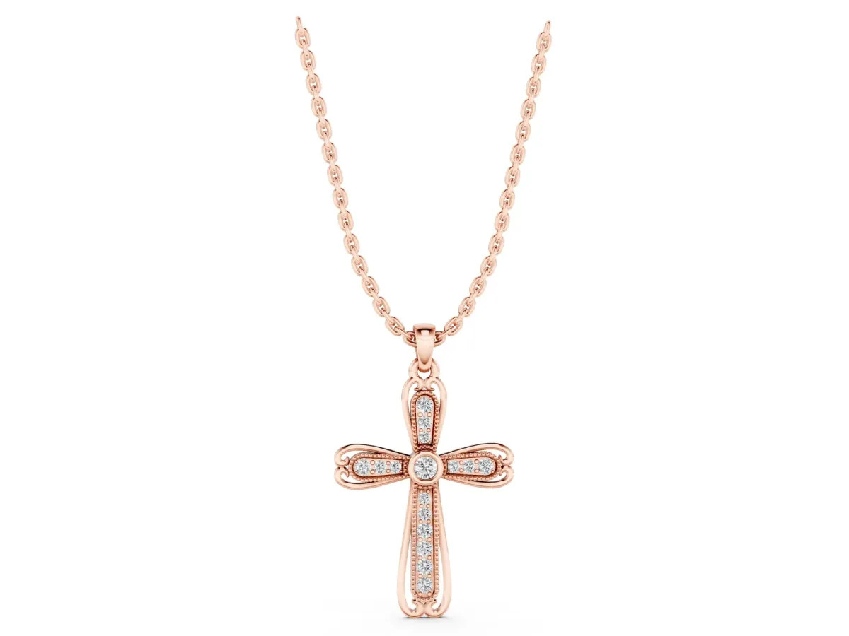Pavé Round Diamond Cross Pendant with Bezel Setting Rose gold