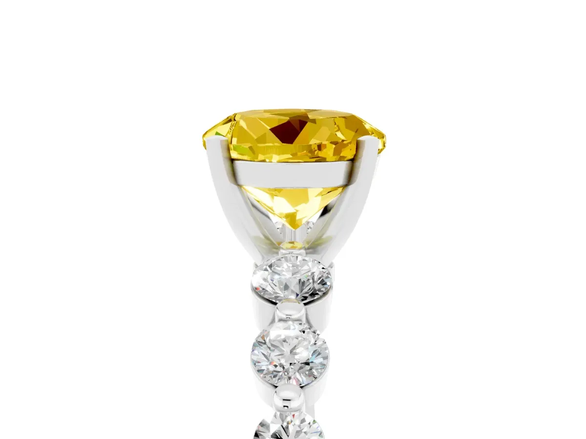 Round Cut Solitaire Yellow Sapphire Ring with Pave Band and Four-Prong Setting Silver