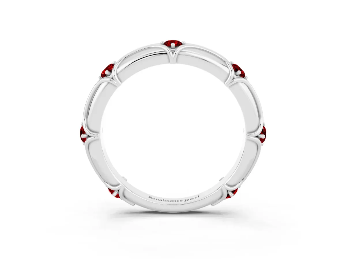 Round Ruby Prong Set Milgrain Eternity Band Silver