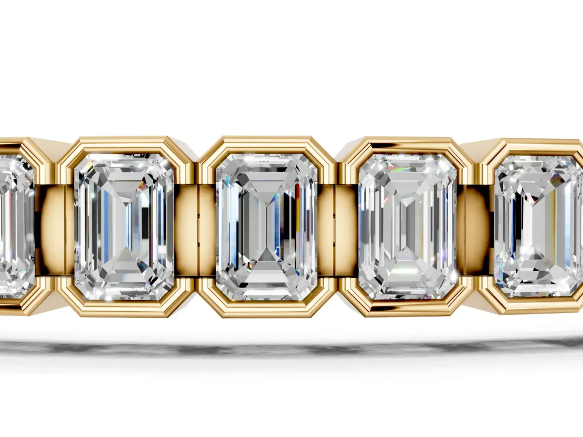 Emerald Cut Diamond Tennis Bracelet with Half Bezel Setting Yellow gold