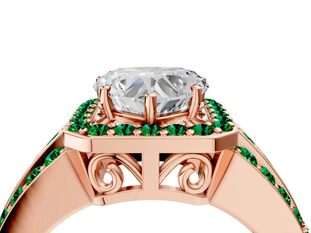 Heart Cut Halo Diamond Ring with Round Emerald Split Shank and Prong Setting Rose gold
