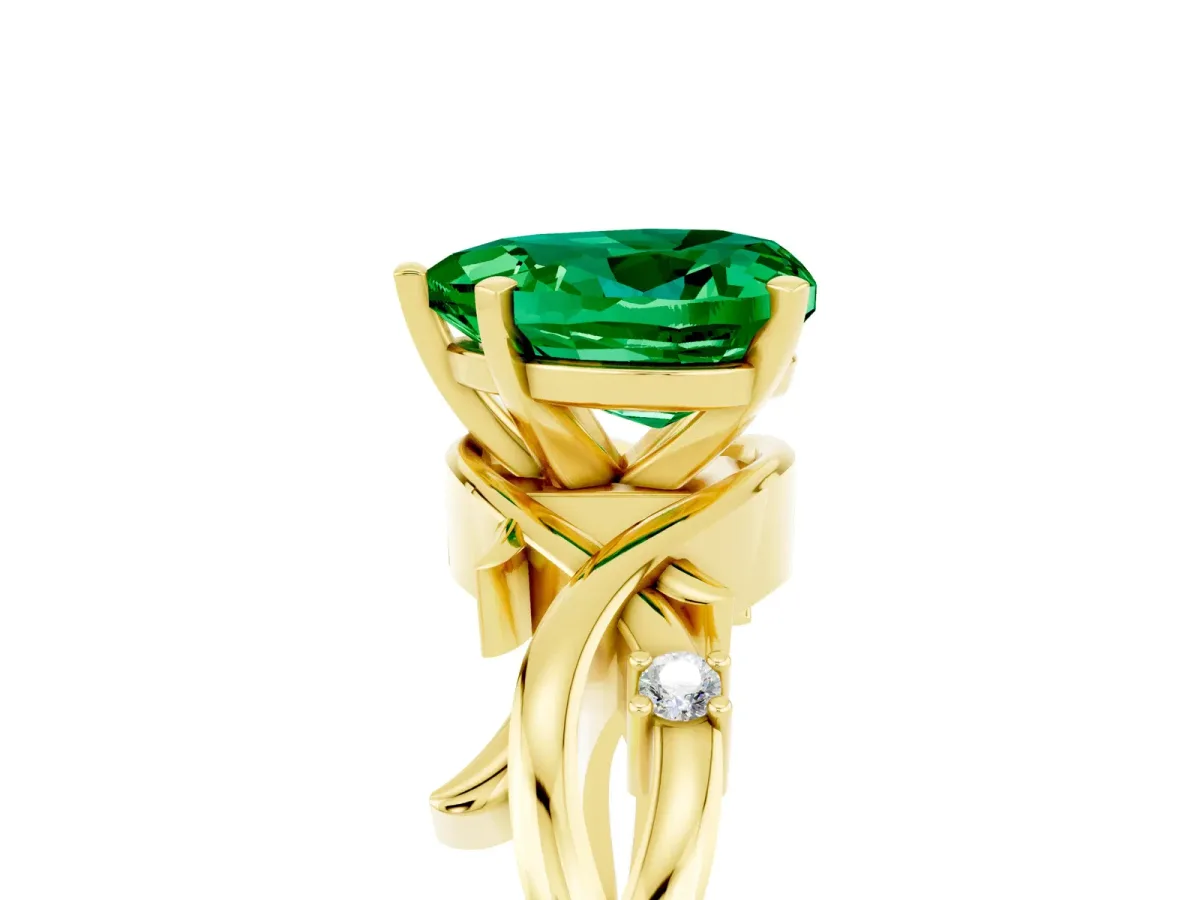 Heart Cut Emerald Solitaire Ring with Twisted Band and Prong Setting Yellow gold