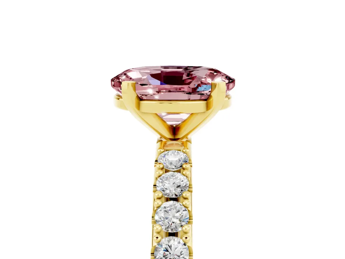 Oval Cut Morganite Solitaire Pavé Band with Four-Prong Setting Yellow gold