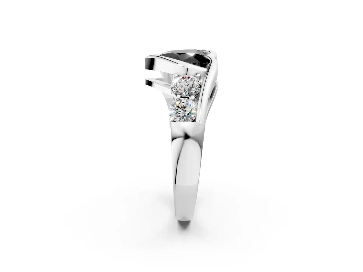 Fancy Black Bezel Set Heart Cut Diamond Bypass Ring with Round Accents Silver