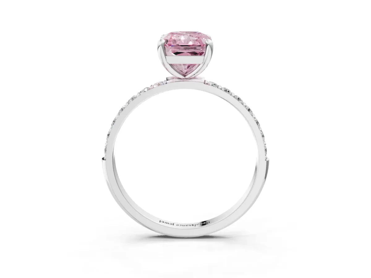 Fancy Pink Radiant Cut Diamond Solitaire Ring with Round Pavé Band and Prong Setting Silver
