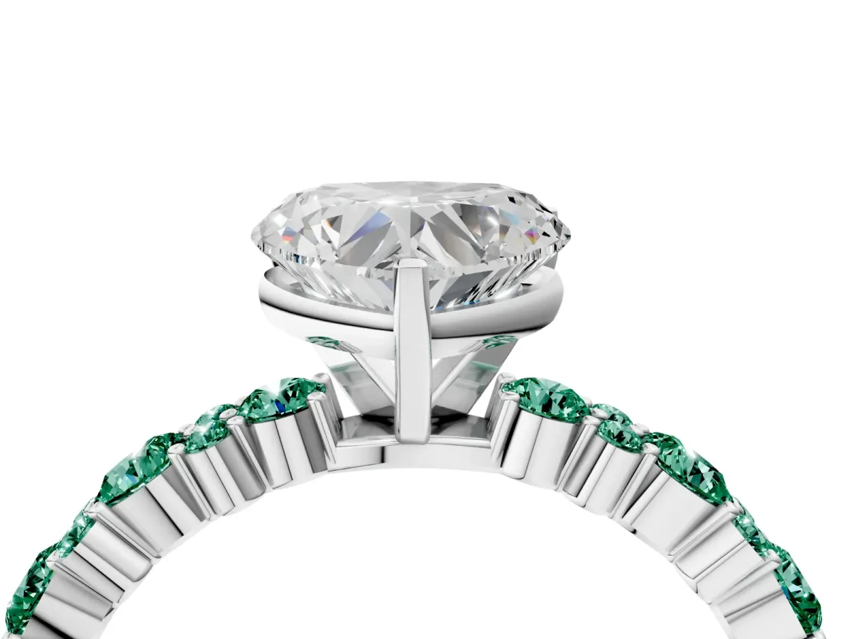 Heart Cut Diamond Side Stone Solitaire Ring with Round Green Sapphire and Four-Prong Setting Silver