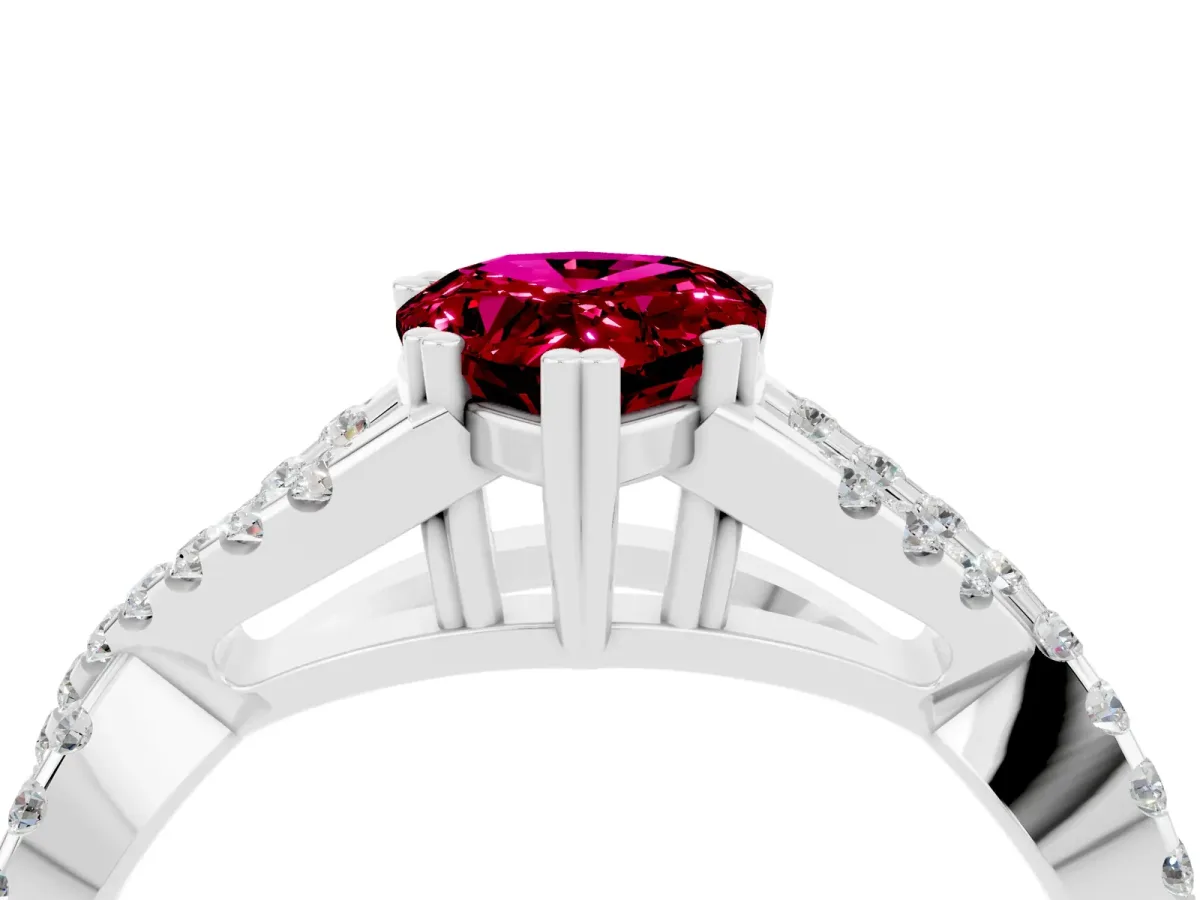 Pear Cut Garnet Solitaire Ring with Four-Prong Setting and Twisted Pavé Band Platinum