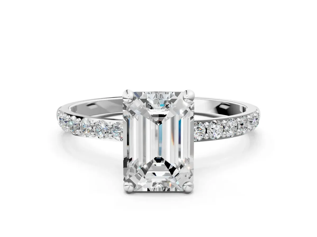 Emerald Cut Diamond Solitaire Ring with Round Pavé Band and Prong Setting Silver