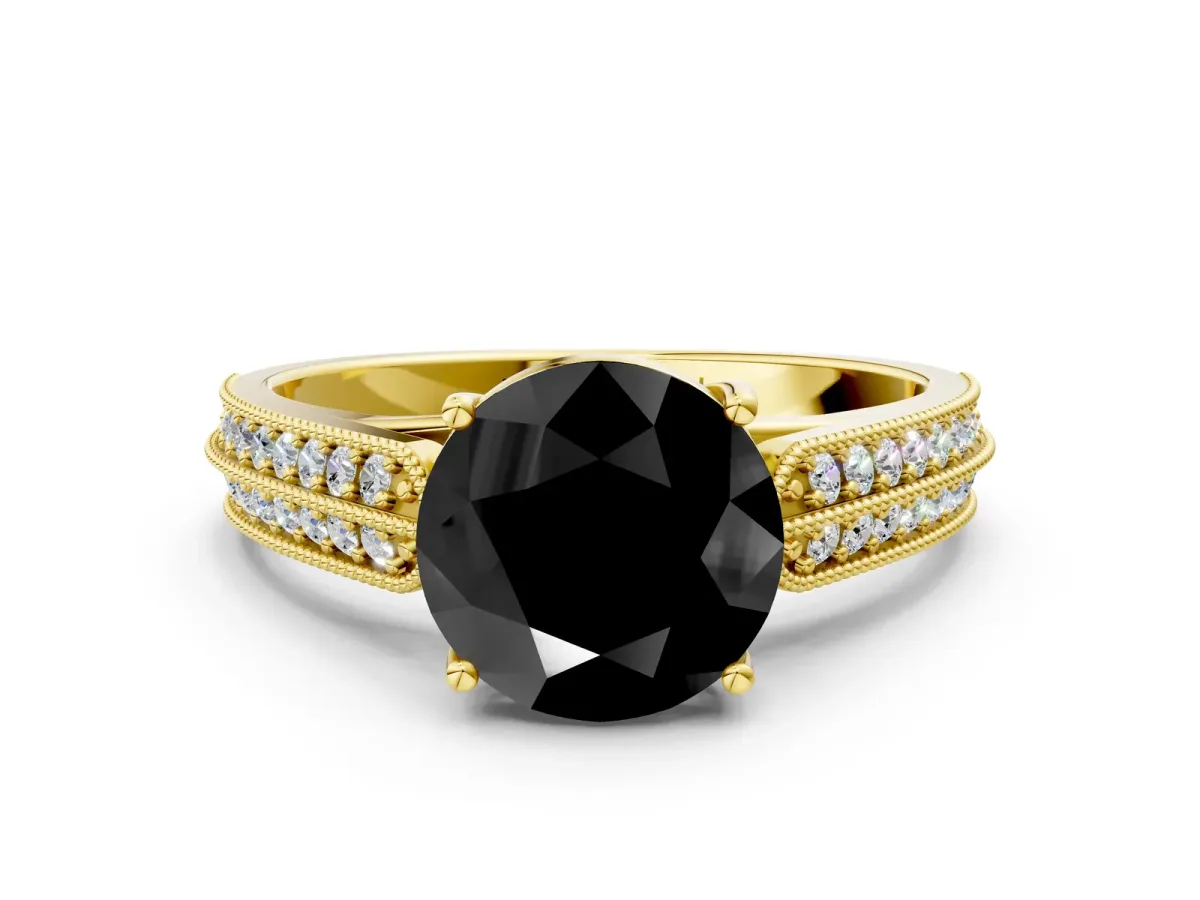 Fancy Black Round Cut Cut Pave Split Shank Engagement Ring with Four-Prong Setting Yellow gold