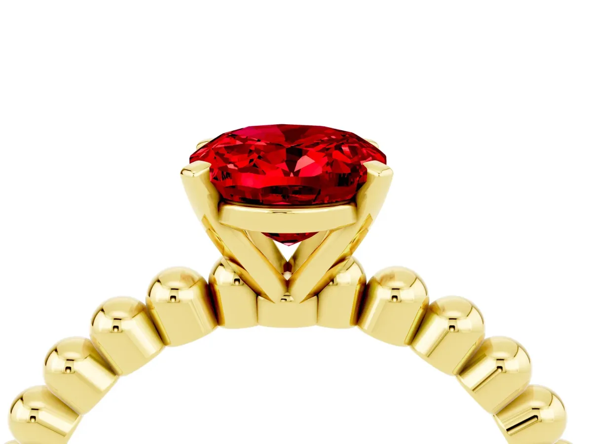 Oval Cut Ruby Solitaire Ring with Beaded Band and Prong Setting Yellow gold