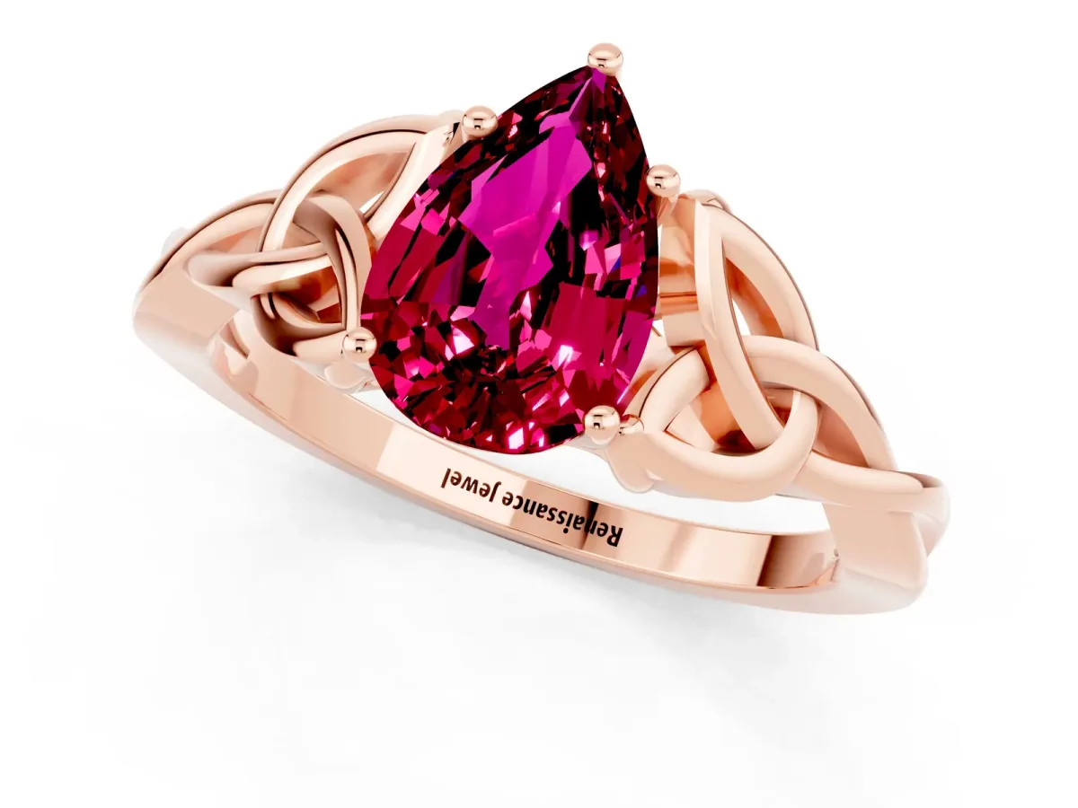 Pear Cut Garnet Solitaire Celtic Knot Ring with Four-Prong Setting Rose gold