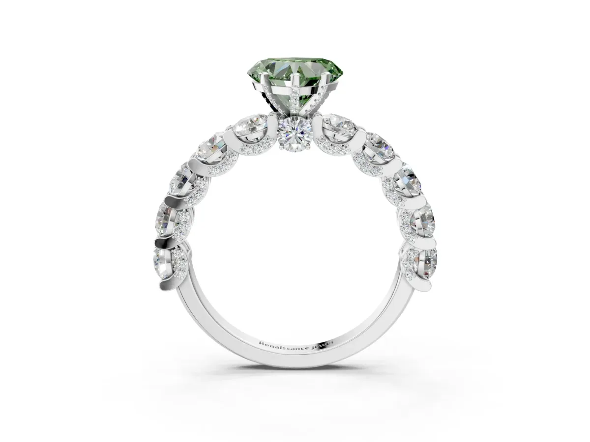 Fancy Green Heart Cut Diamond Side Stone Engagement Ring with Four-Prong Setting White gold