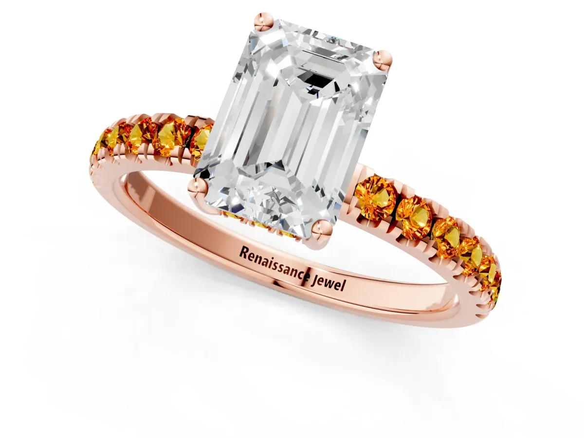 Emerald Cut Diamond Pave Band Solitaire Ring with Round Citrine and Prong Setting Rose gold