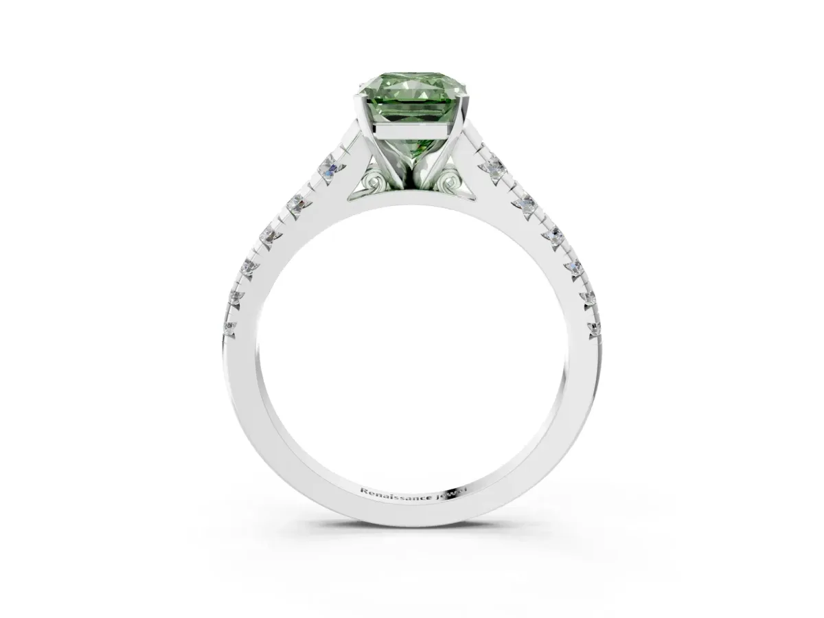 Fancy Green Radiant Cut Diamond Cathedral Solitaire Ring with Round Pavé Band Silver