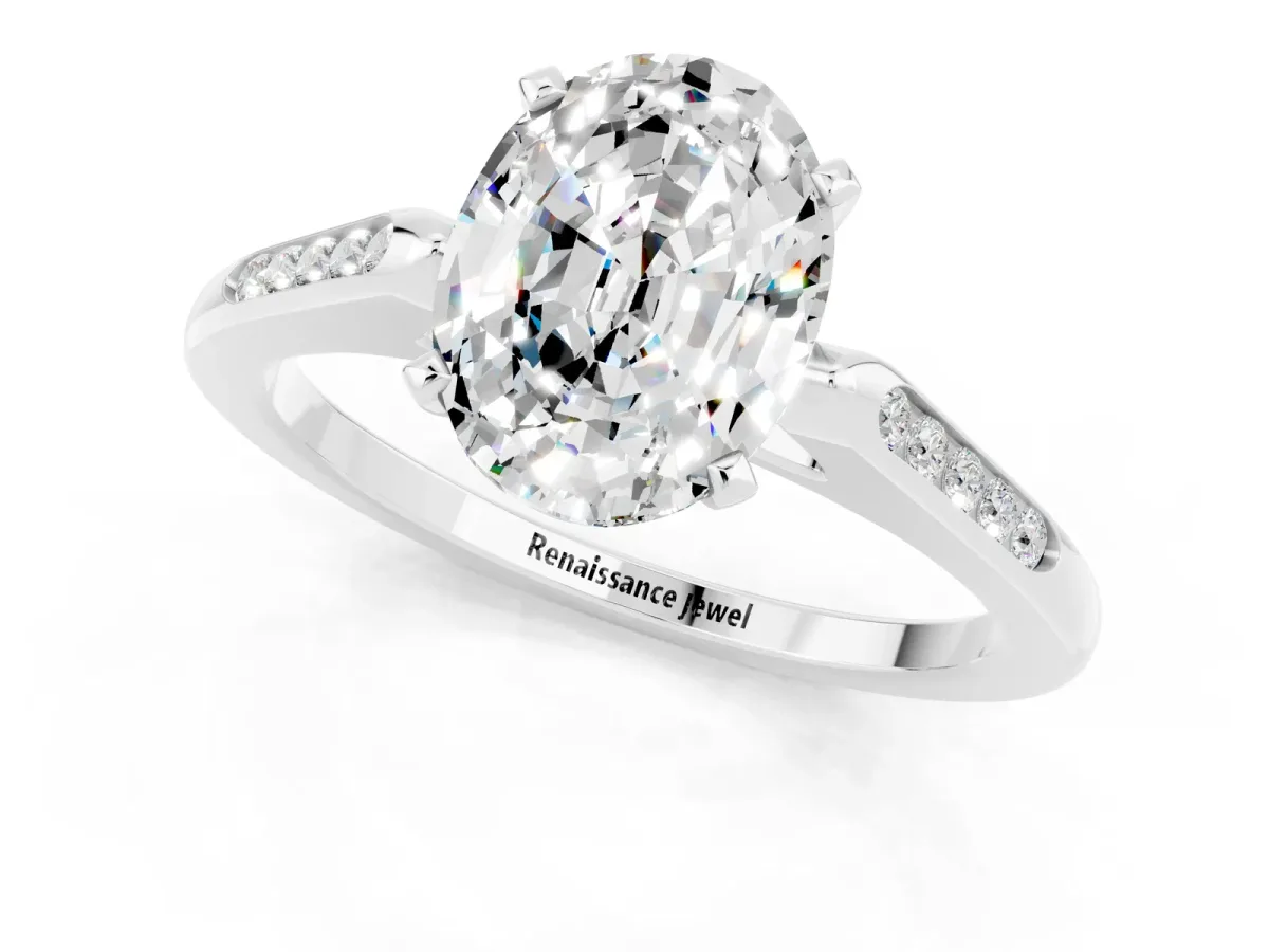 Oval Cut Moissanite Solitaire Ring with Channel Set Round Band and Prong Setting Silver