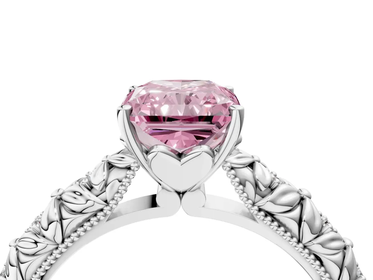 Fancy Pink Radiant Cut Solitaire Floral Milgrain Engagement Ring Platinum