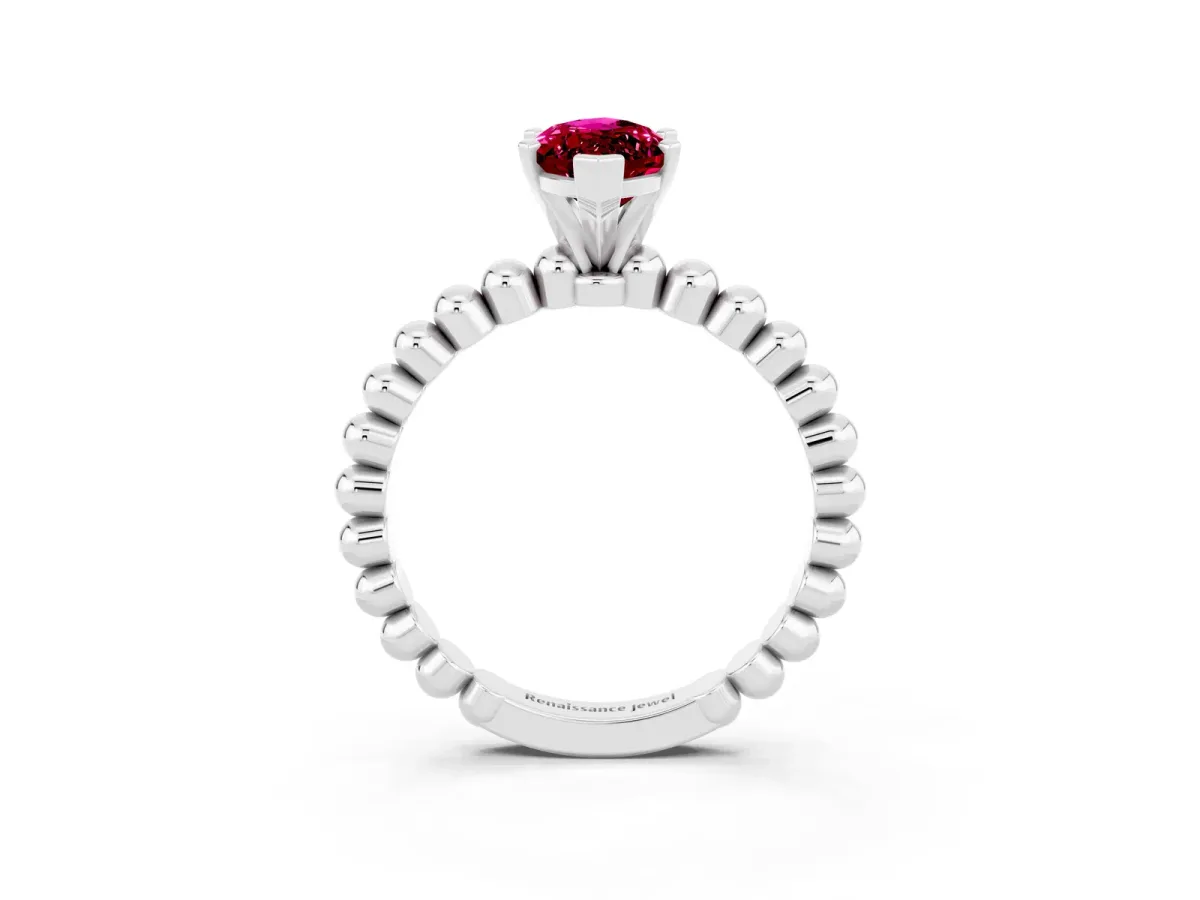 Marquise Cut Garnet Solitaire Ring with Beaded Band and Prong Setting Silver