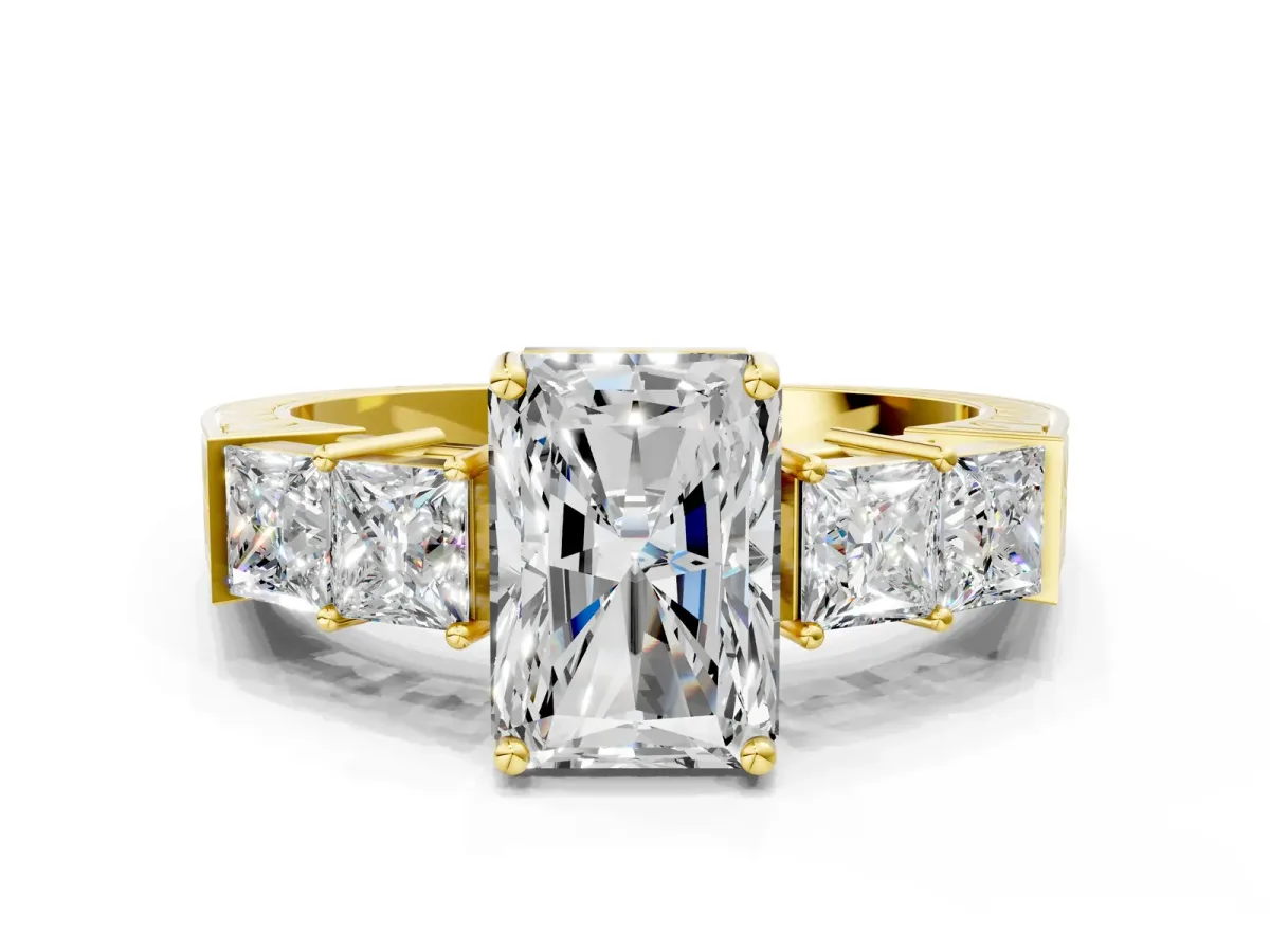 Radiant Cut Solitaire Princess Side Stone Engraved Band Prong Setting Ring Yellow gold